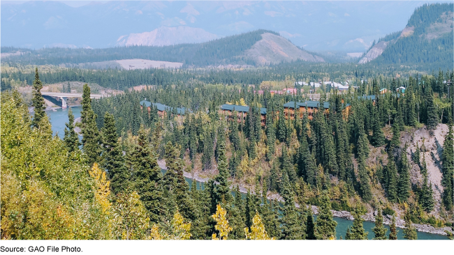 Scenic view of trees, a river, and mountains.