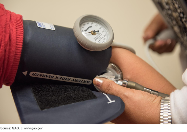 Photograph of a medical professional taking a person's blood pressure.