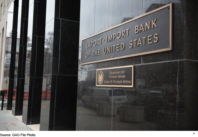 Export-Import Bank building, which has a shiny dark stone facade