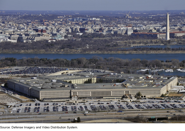 An aerial view of the Pentagon building.