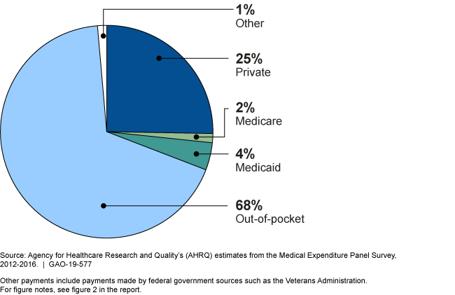 A pie chart showing 68% out-of-pocket; 4% Medicaid, 2% Medicare; 25% private, and 1% other.