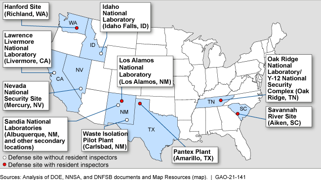 Map of the United States showing sites in WA, NM, TX, TN and SC that have resident inspectors.