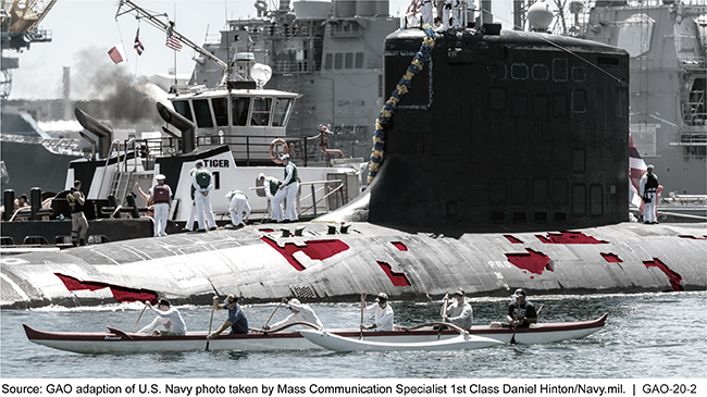 Navy servicemembes working on a submarine floating on the surface of the water 