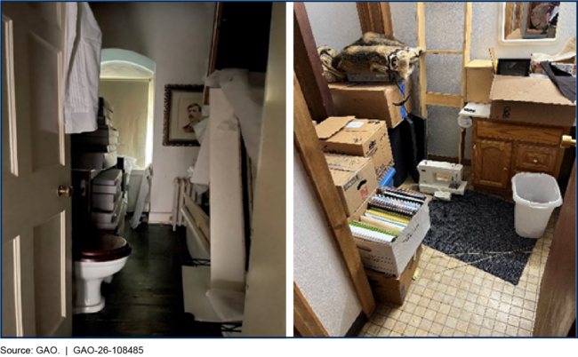 Fine Art Stored in Bathroom (left) and Tribal Files and Artifacts Stored in Basement That Experiences Flooding Risk (right)
