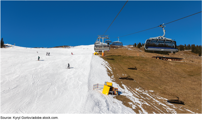 Chair lifts go up and down a steep hillside with brown grass below one side of the lift and groomed snow with skiers below the other. Chair lifts go up and down a steep hillside with brown grass below one side of the lift and groomed snow with skiers below the other.