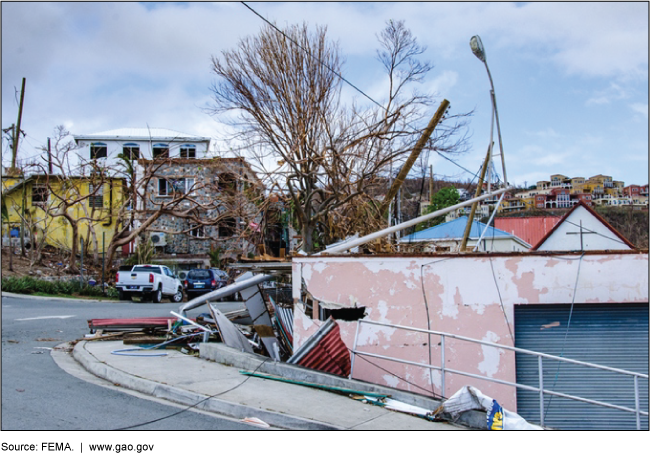 Downed power lines, barren and broken trees, and twisted street lights