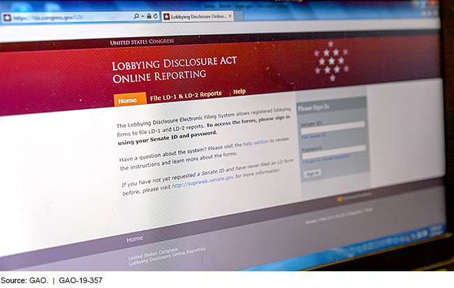 Screenshot of the lobbying disclosure act online reporting portal