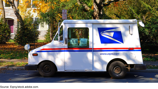 U.S. Postal Service truck parked along a curb