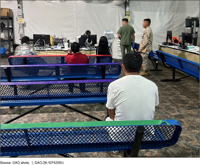 Individuals in CBP custody sitting on benches waiting to see a contracted medical provider. 