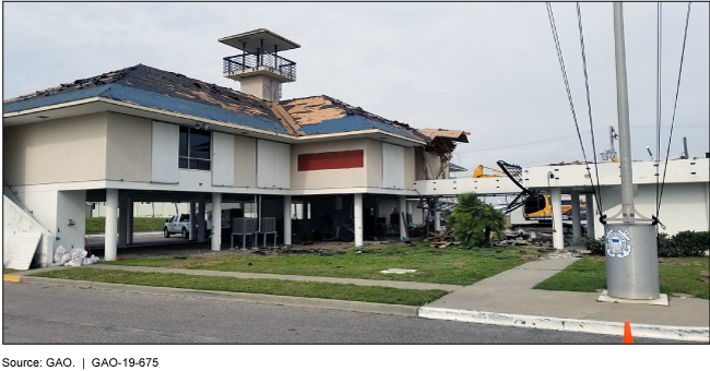 A damaged Coast Guard station affected by Hurricane Harvey