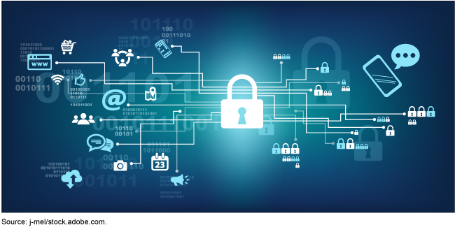 graphic with a lock in the center representing cybersecurity