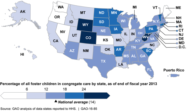 Percentage of Foster Children in Congregate Care by State (Sept. 30, 2013)