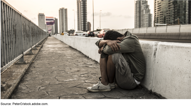 teenager sitting on sidewalk with head in hands