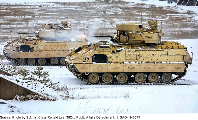 Two Bradley Fighting Vehicles training in the snow