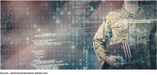 A digital image of a background covered with numbers and a military serviceperson in uniform holding books.