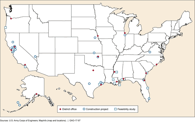 U.S. map showing the locations of feasibility studies and construction projects.