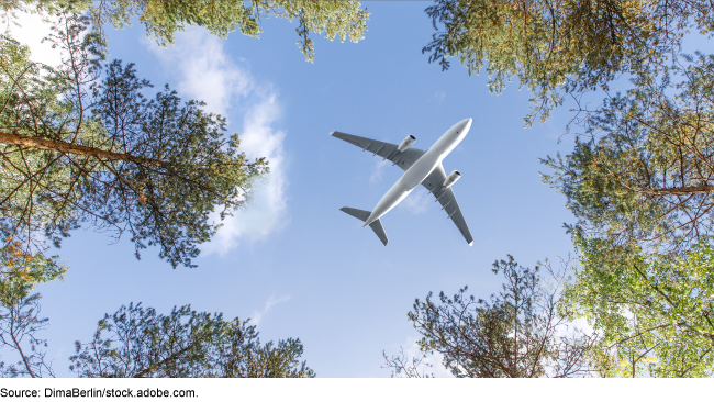 View from the ground of an airplane flying overhead