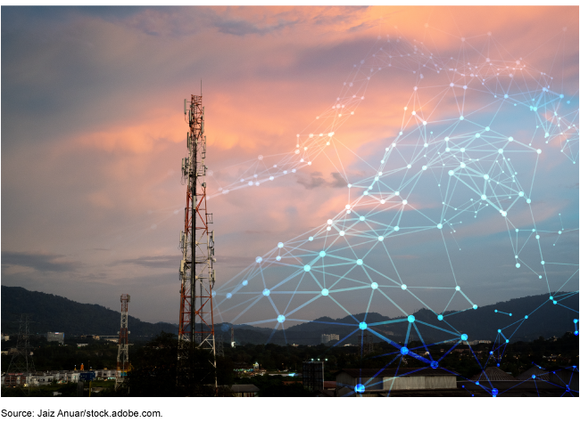 Photo of a communications tower with an illustration of interconnected nodes overlaid on the surrounding area
