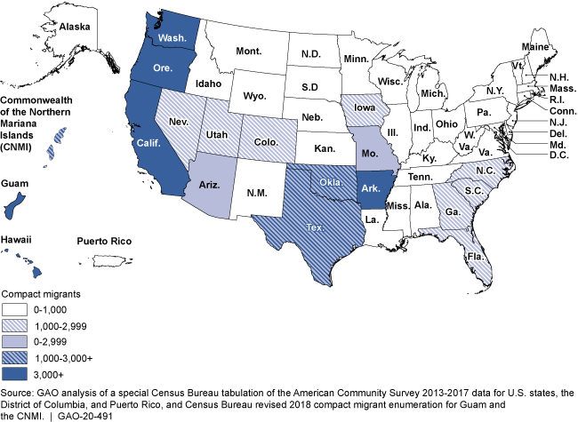 U.S. map with states shaded to indicate number of migrants from countries with compacts in each state