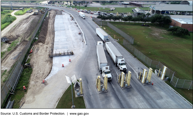 Aerial view of trucks approaching screening gates