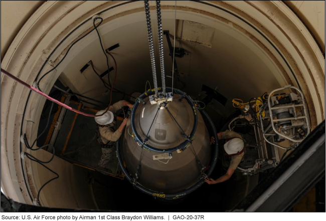 Two workers near the top of a missile in an enclosure