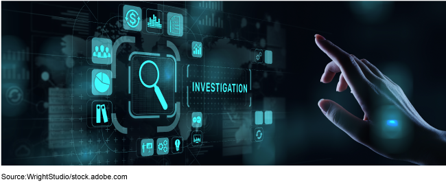 A hand reaching out to a screen that says investigation and has several icons, including a magnifying glass