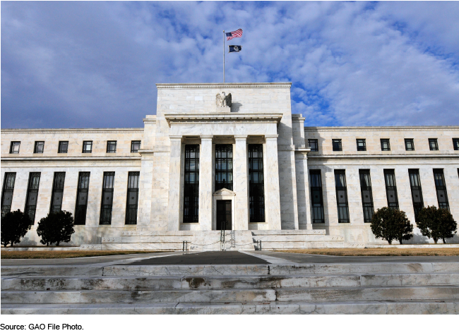 The Federal Reserve Board building with the American flag on top.