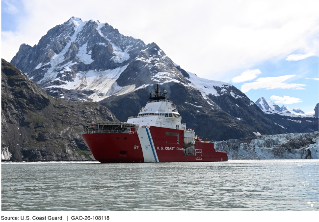 Coast Guard ship at sea with snow-topped mountain behind it. Coast Guard ship at sea with snow-topped mountain behind it.