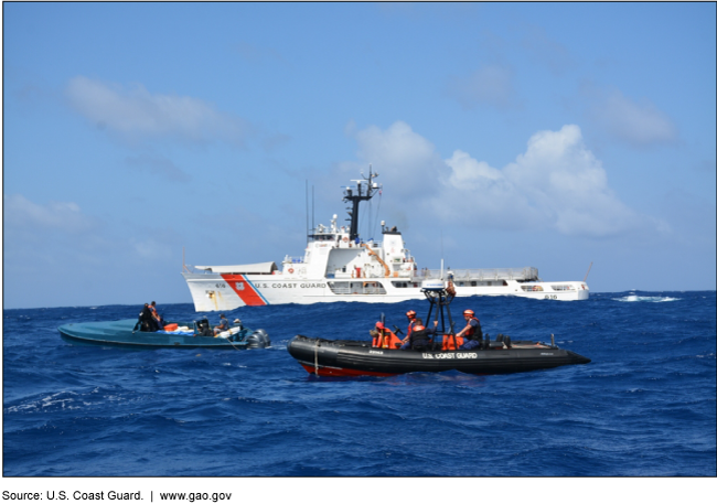 Coast Guard boats and agents on the water during an operation.