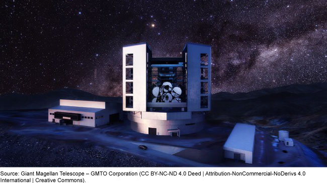 A variety of buildings and telescopes under a star-filled sky. A variety of buildings and telescopes under a star-filled sky.