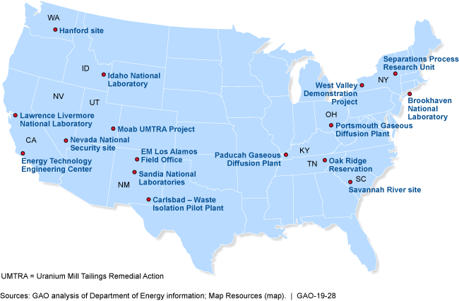 This map shows 16 locations across the United States where cleanup activities are ongoing.