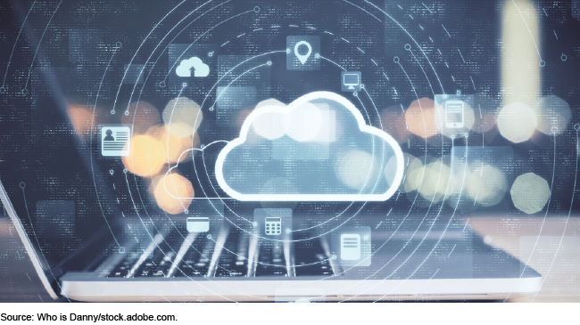 A laptop with an image of a cloud and icons representing cloud computing.