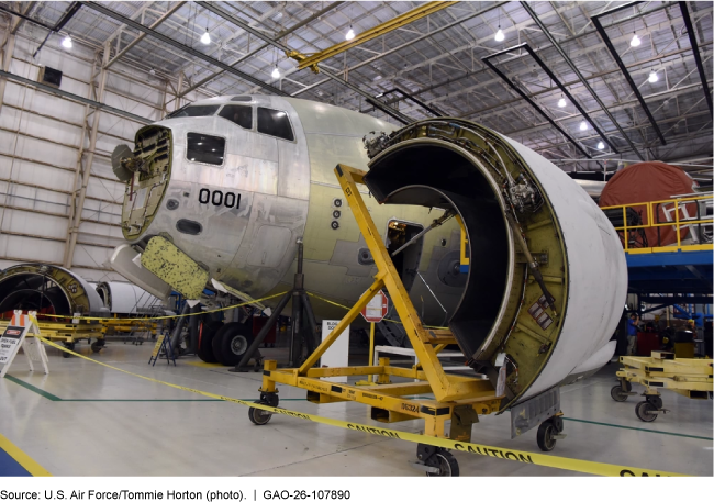 A C-17 aircraft undergoing maintenance at an Air Force depot. 