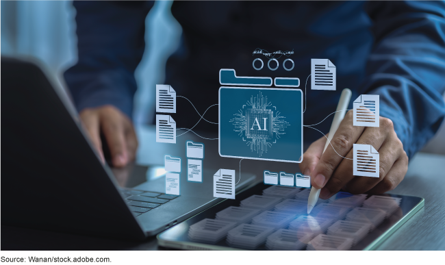 A computer with document icons indicating the use of AI floating above the keyboard and on a tablet.