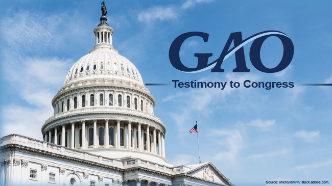 A white building, the U.S. Capitol, with a dome and a flag on top and text saying GAO Testimony to Congress.