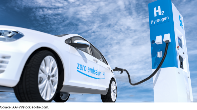 White car with the words zero emission written on the doors at a hydrogen pump station.
