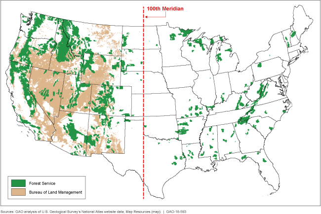 Map showing the 100th meridian—exporting unprocessed federal timber cut from federal lands west of this line is banned. 