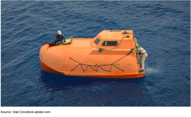 two people on an out-of-water survival craft floating in a large body of water