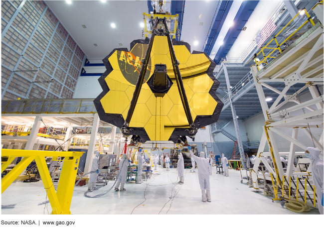 Photo of the James Webb Space Telescope's mirror being lifted by crane