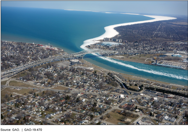 Aerial view of the Blue Water Bridge between Michigan and Ontario