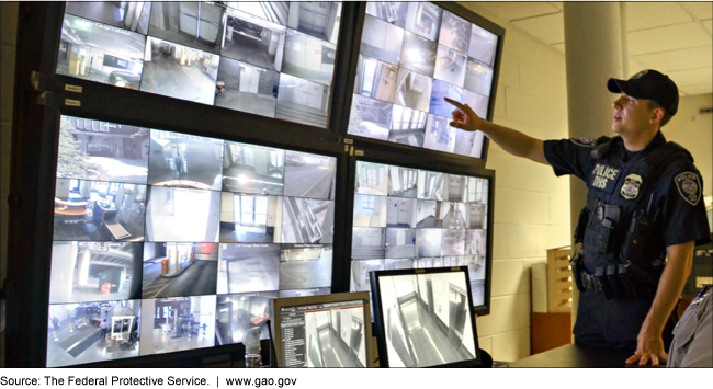 An officer is looking at security camera footage on 4 large screens.