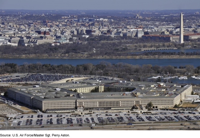 Aerial photo of the Pentagon with the Potomac River and Washington Monument in the background.