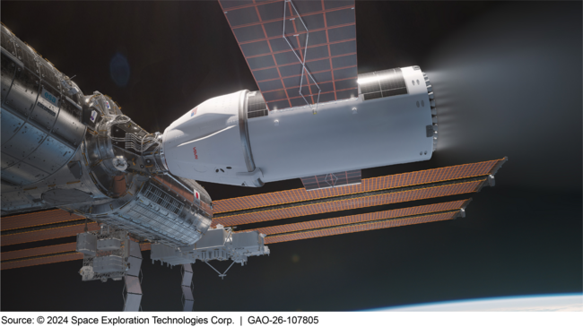 A photorealistic picture of large equipment docked to the International Space Station, on the black background of space