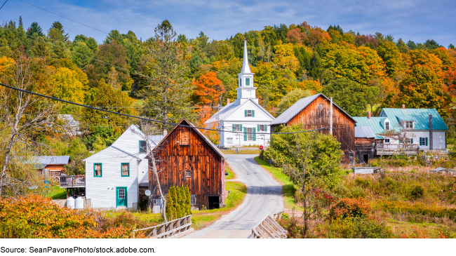 A road leading into a small village with barns, houses, and a church and fall foliage.