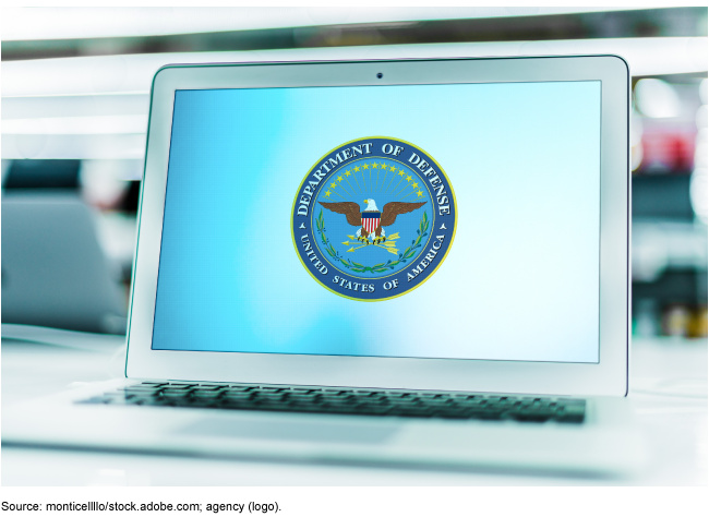 A computer screen with the Department of Defense logo. A computer screen with the Department of Defense logo.