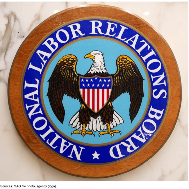 A round emblem with an American eagle in the middle and the words National Labor Relations Board circulating around it.
