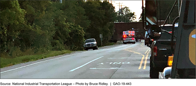 Emergency Vehicle Blocked by Freight Train at Rail Crossing