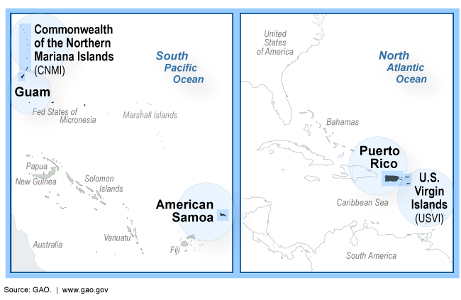 Side-by-side maps of South Pacific and North Atlantic oceans showing locations of the 5 territories