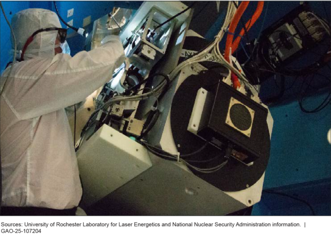 A photo of a person in a clean-suit and goggles, working on a complex-looking machine that has many wires and other visible parts.