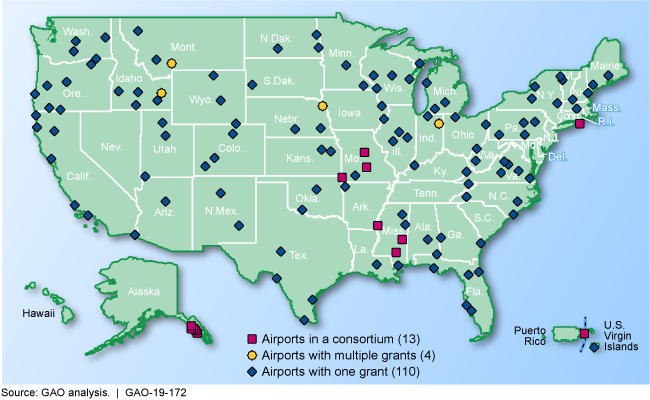 U.S. map with the airports marked